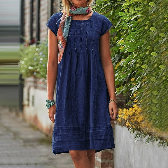 ZZwxWA Vintage Summer Cotton Linen Dress for Women Casual Short Sleeve Ruched T Shirts Dress Loose Fit A-Line Beach Sundress Plus Size S-5XL