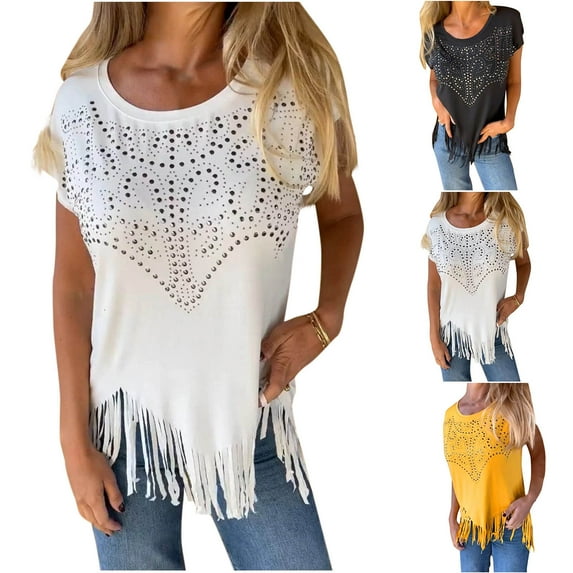 ZZwxWA Western Shirts for Women Short Sleeve Vintage Graphic T Shirt Rhinestones Summer Fringe Cowgirl Tees Tops
