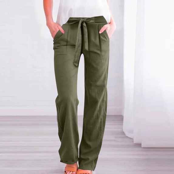 ZZwxWA Wide Leg Dress Pants Women Plus Size High Waisted Cotton Linen Pants Y2K Tie Knot Lounge Pants with Pockets