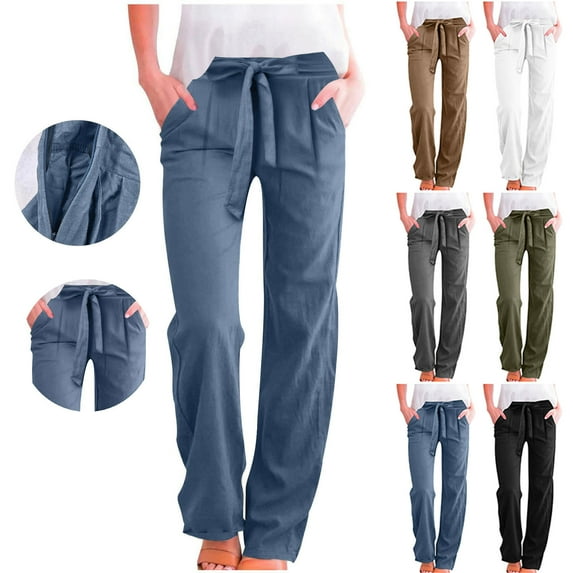 ZZwxWA Wide Leg Dress Pants Women Plus Size High Waisted Cotton Linen Pants Y2K Tie Knot Lounge Pants with Pockets