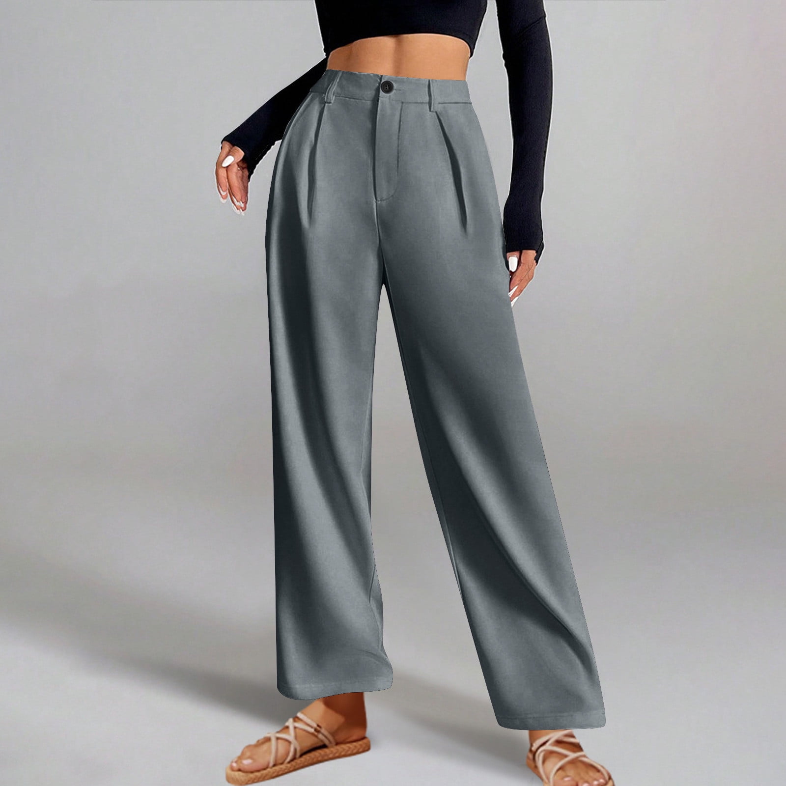 Zzwxwa Wide Leg Dress Pants for Women High Waisted Ladies Business Casual Pleated Work Suit Pants with Pockets