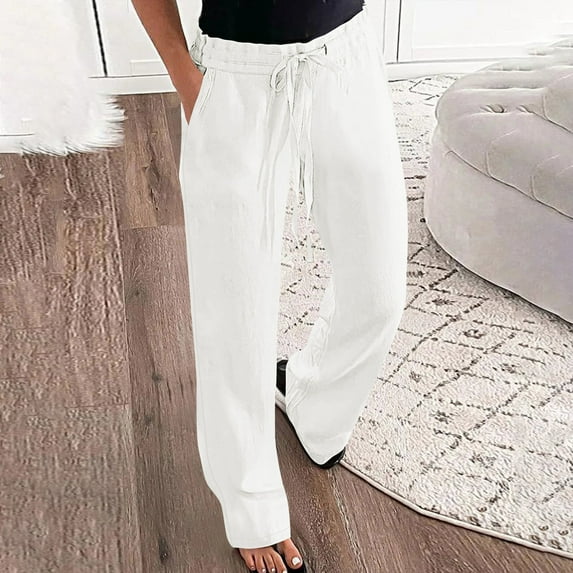 ZZwxWA Wide Leg Linen Pants Women Loose Fit Elastic Low Rise Straight Pants with Pockets Fashion Flowy Beach Pants Fashion