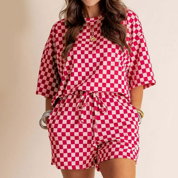 ZZwxWA Women 2 Piece Summer Checkered Outfits Casual Plaid Print Short Sleeve Pullover Top and Shorts Matching Lounge Set