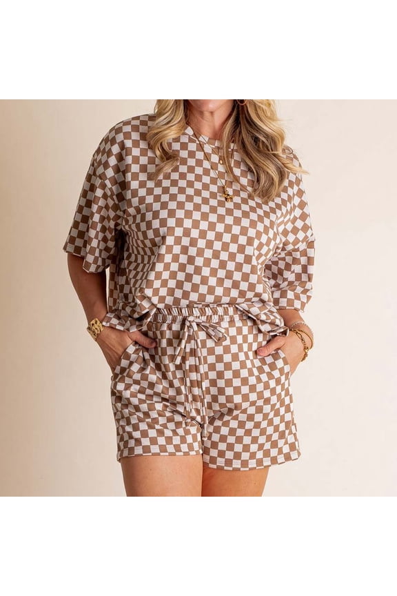 Women 2 Piece Summer Checkered Outfits Casual Plaid Print Short Sleeve Pullover Top and Shorts Matching Lounge Set