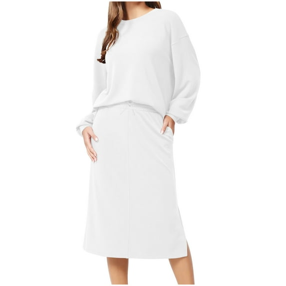 ZZwxWA Women 2 Piece Sweatsuit Lounge Set Loose Long Sleeve Crewneck Sweatshirt and Midi Pencil Skirts Fall Elegant Outfits Womens Solid Suit Holiday Gift Finder