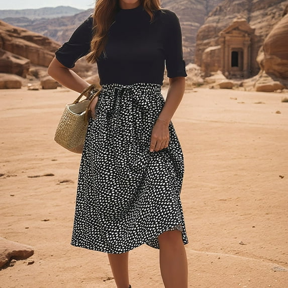 ZZwxWA Women 2025 Summer Dress Short Sleeve Ribbed Teacher Church Modest Business Casual Work Outfits Midi Dress