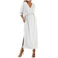thumbnail image 1 of ZZwxWA Women 3/4 Sleeve V Neck Maxi Dress Summer Casual Solid Elastic High Waist Side Split Long Dress with Pockets, 1 of 5