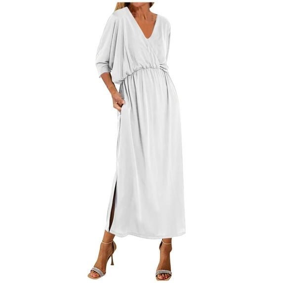 ZZwxWA Women 3/4 Sleeve V Neck Maxi Dress Summer Casual Solid Elastic High Waist Side Split Long Dress with Pockets