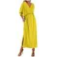 thumbnail image 1 of ZZwxWA Women 3/4 Sleeve V Neck Maxi Dress Summer Casual Solid Elastic High Waist Side Split Long Dress with Pockets, 1 of 5