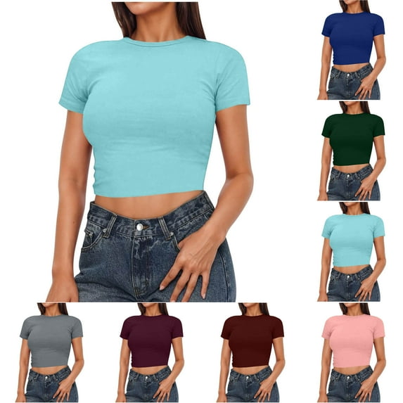 ZZwxWA Women Basic Solid Crop Tops Custom Baby Tee Short Sleeve Shirt Workout Slim Fit T-Shirt Y2K Women's Shirts Casual Crewneck Shinny Lightweight Layer Yoga Blouses