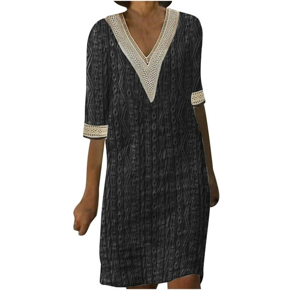ZZwxWA Women Casual Boho Half Sleeve Flowy Shift Midi Dress Summer V Neck Lace Hollow Flowy Beach Tshirt Dress