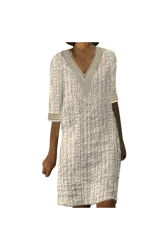 Women Casual Boho Half Sleeve Flowy Shift Midi Dress Summer V Neck Lace Hollow Flowy Beach Tshirt Dress