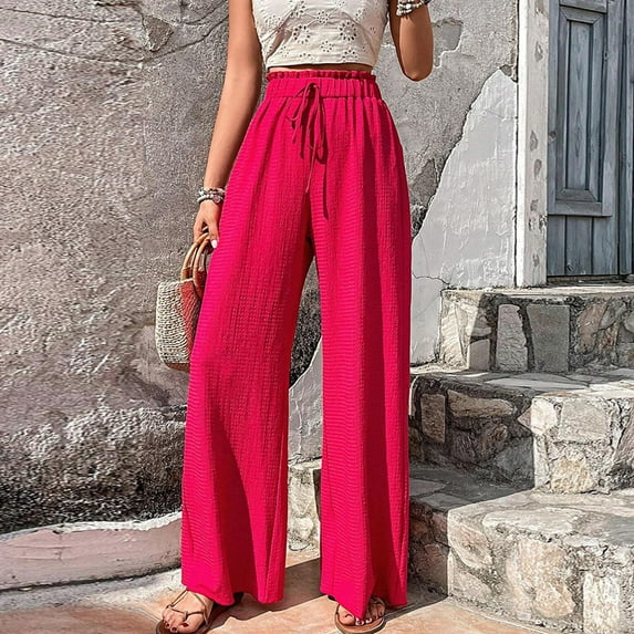 ZZwxWA Women Casual High Waist Wide Leg Pants Summer Long Solid Boho Yoga Pants Womens Drawstring Lounge Beach Trousers Loose Business Pants
