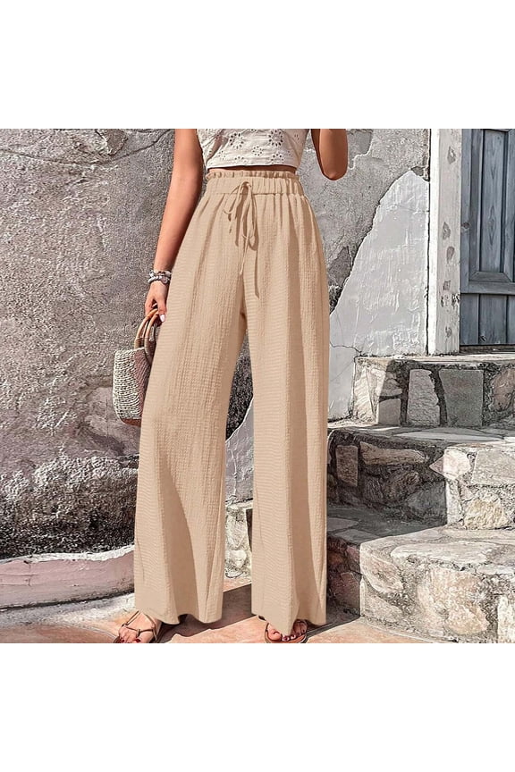 Women Casual High Waist Wide Leg Pants Summer Long Solid Boho Yoga Pants Womens Drawstring Lounge Beach Trousers Loose Business Pants