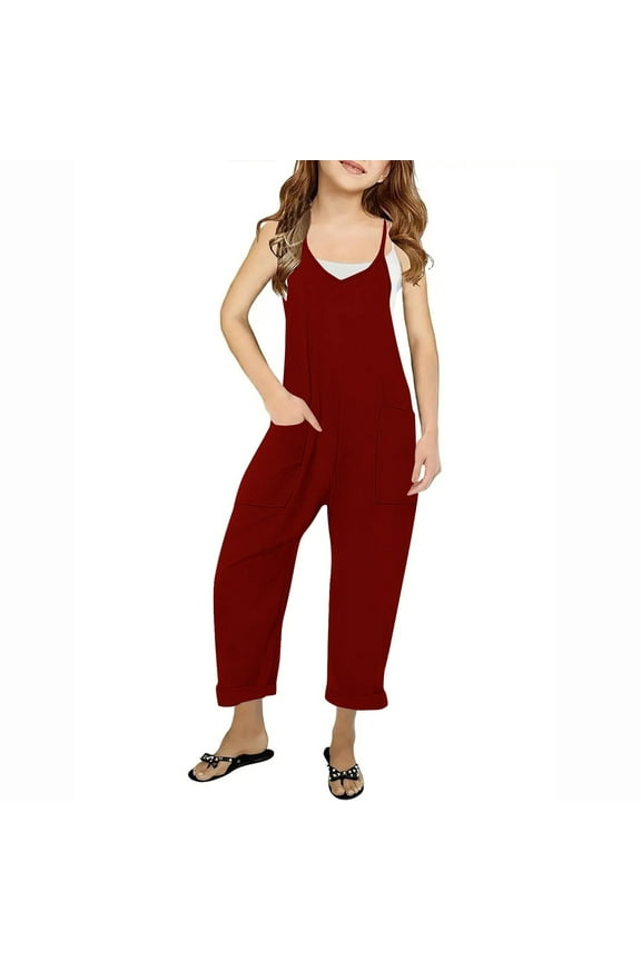 Girl's V Neck Sleeveless Jumpsuits Spaghetti Straps Harem Long Pants Rompers with Pockets