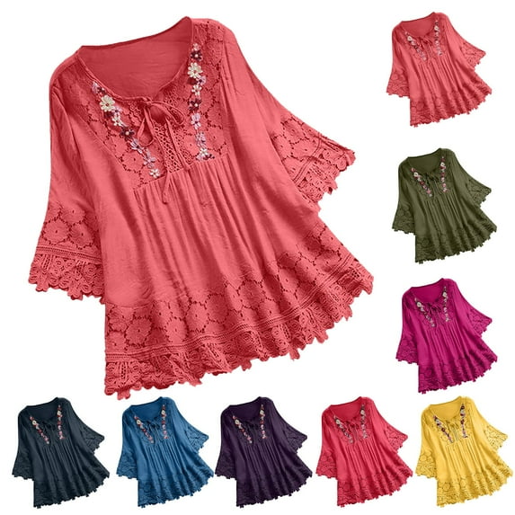 ZZwxWA Women Cotton Linen Embroidered Tops Loose Fit Tunic 3/4 Sleeve Summer Blouse Shirts Boho Peasant Trendy Clothes 2025