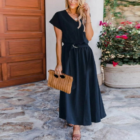 ZZwxWA Women Fashion Elegant V Neck Solid Color Swing Dress Loose Belt Waist Plus Size Dress Summer Dress for Women with Pockets