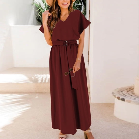 ZZwxWA Women Fashion Elegant V Neck Solid Color Swing Dress Loose Belt Waist Plus Size Dress Summer Dress for Women with Pockets