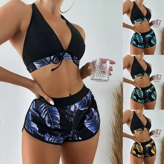 ZZwxWA Women Halter Top Floral Swim Shorts Bikini Set Tropical 2 Piece Swimsuits Athletic Bathing Suit Beach Sporty Swimwear