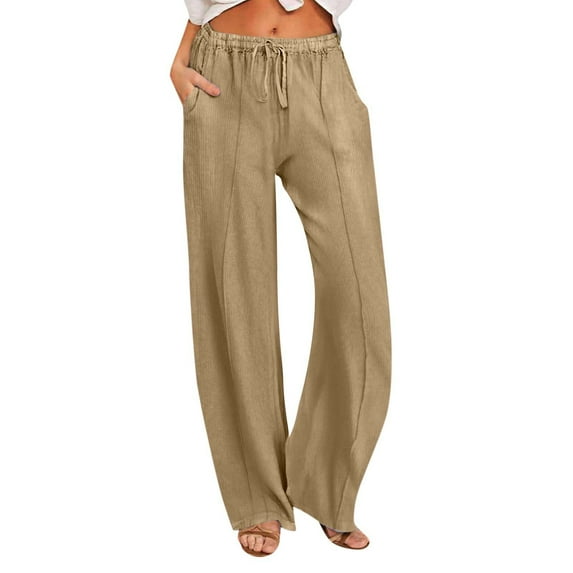 ZZwxWA Women Knitted Striped Pants Casual Loose Solid Color Wide Leg Pants with Pockets Summer Drawstring Straight Trousers Sale