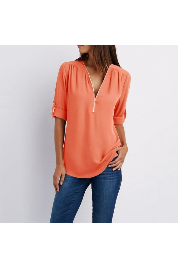 Women Ladies Zipper Button Long Sleeves Loose Chiffon Shirt Clothing