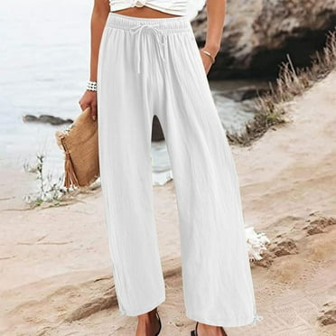 ZZwxWA Women Linen Palazzo Pants Summer Comfy Flowy Wide Leg High Waist Drawstring Casual Loose Beach Lounge Pant Trouser