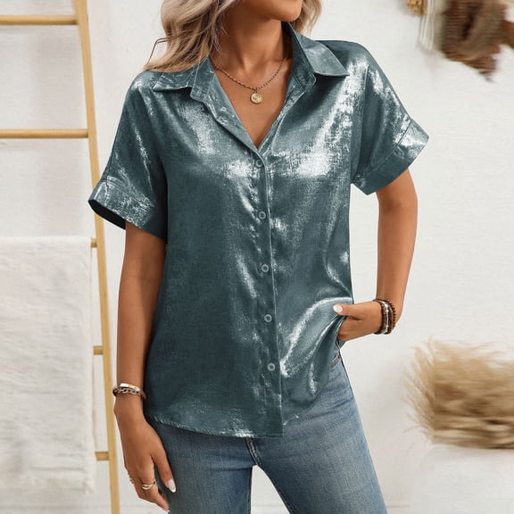 ZZwxWA Women Metallic Sheen Button Down Shirt V Neck Short Sleeve Casual Loose Summer Blouses Tops