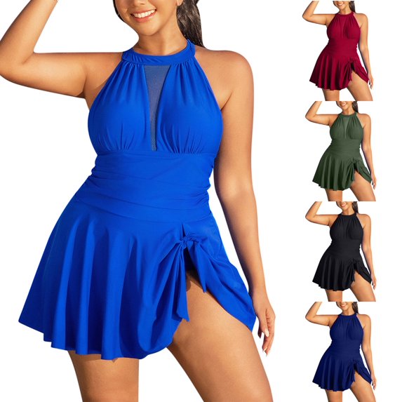 ZZwxWA Women One Piece Swim Dress Solid Color V Neck High Waisted Plus Size Straps Swimsuit Halter Retro Bathing