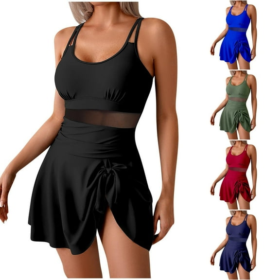 ZZwxWA Women One Piece Swimdress Swimsuits Side Tie Knot Ruched Swim Dress Mesh Patchwork Belly Control Skirt Bathing Suit