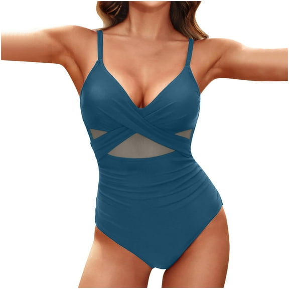 ZZwxWA Women One Piece Swimsuits Belly Control Bathing Suits Cutout Mesh Front Cross Swimwear