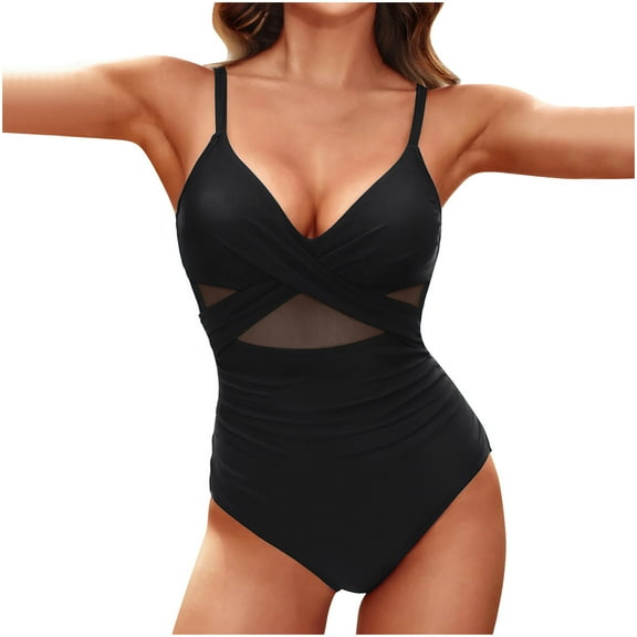 ZZwxWA Women One Piece Swimsuits Belly Control Bathing Suits Cutout Mesh Front Cross Swimwear