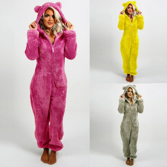 ZZwxWA Women Onesie Pajamas One-Piece Fuzzy Warm Sherpa Jumpsuit Onesie Pajamas Winter Rompers Sleepwear with Cute Ear Hood