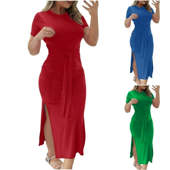 ZZwxWA Women Short Sleeve Ruched Bodycon Midi Dress Crew Neck Club Party Dresses Side Slit Cocktail Evening Dress