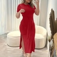 thumbnail image 1 of ZZwxWA Women Short Sleeve Ruched Bodycon Midi Dress Crew Neck Club Party Dresses Side Slit Cocktail Evening Dress, 1 of 6