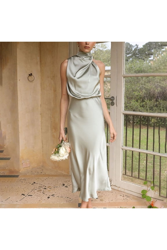 Women Sleeveless Mock Neck Cocktail Dresses Elastic Waist Party Wedding Guest Dress Satin High Split Maxi Evening Dress