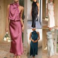 thumbnail image 1 of ZZwxWA Women Sleeveless Mock Neck Cocktail Dresses Elastic Waist Party Wedding Guest Dress Satin High Split Maxi Evening Dress, 1 of 7