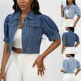 thumbnail image 1 of ZZwxWA Women Solid Color Puffed Sleeves Cropped Short Denim Jacket Short Sleeve Button Down Jean Outerwear Coat, 1 of 6