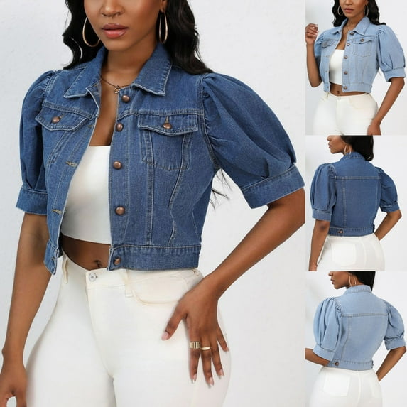 ZZwxWA Women Solid Color Puffed Sleeves Cropped Short Denim Jacket Short Sleeve Button Down Jean Outerwear Coat