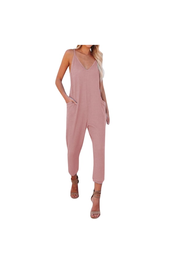 Women Spaghetti Strap Jumpsuits Summer Casual Sleeveless V Neck Thin Shoulder Strap Adjustable Jumpsuit with Pockets