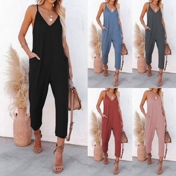 ZZwxWA Women Spaghetti Strap Jumpsuits Summer Casual Sleeveless V Neck Thin Shoulder Strap Adjustable Jumpsuit with Pockets