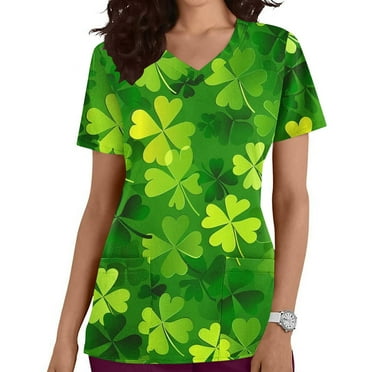 ZZwxWA Women St Patricks Day Scrubs Tops Short Sleeve V-Neck Funny Shamrock Irish Pocketed Nurse Working Uniforms