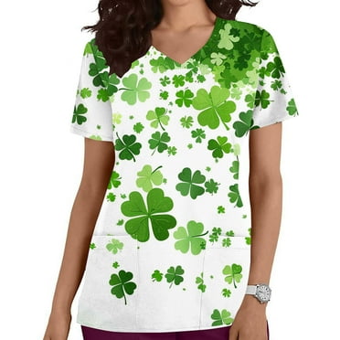 ZZwxWA Women St Patricks Day Scrubs Tops Short Sleeve V-Neck Funny Shamrock Irish Pocketed Nurse Working Uniforms