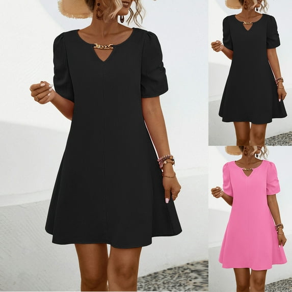 ZZwxWA Women Summer A-line Short Dresses 2025 Petite Bohemian Short Sleeve Flowy Sun Dress Travel Vacation Outfits Solid Color Mini Sundress