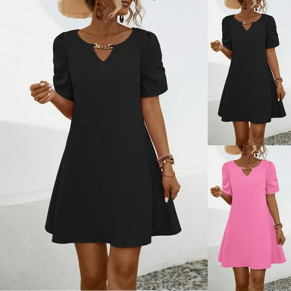 ZZwxWA Women Summer A-line Short Dresses 2025 Petite Bohemian Short Sleeve Flowy Sun Dress Travel Vacation Outfits Solid Color Mini Sundress