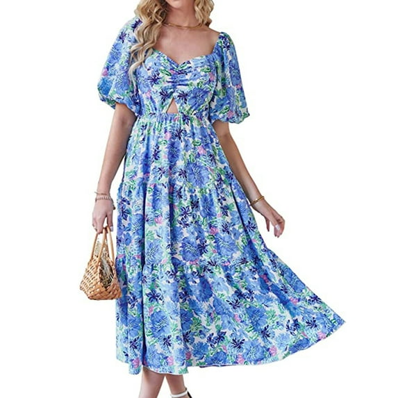 ZZwxWA Women Summer Dresses 2025 Casual Flowy Beach Square Neck Puff Short Sleeve Smocked Back Boho Floral Long Maxi Dress