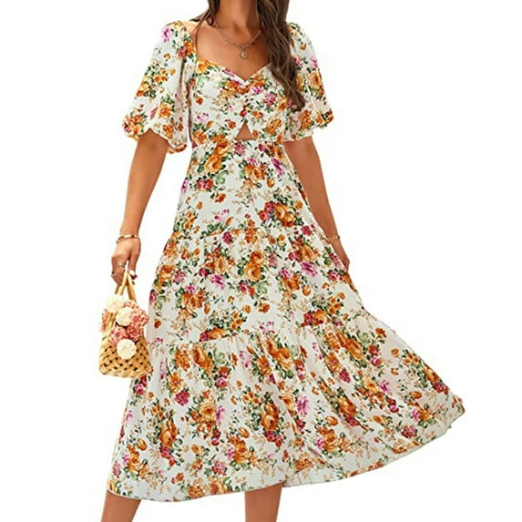 ZZwxWA Women Summer Dresses 2025 Casual Flowy Beach Square Neck Puff Short Sleeve Smocked Back Boho Floral Long Maxi Dress