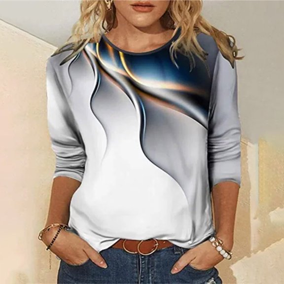ZZwxWA Women Tops Long Sleeve Dressy Casual- Summer 3/4 Sleeve T Shirt 3D Digital Pattern Top for Womens Three Quarter Sleeve Pullover Round Neck Tee Blouse Female Autumn