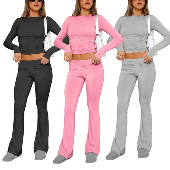 ZZwxWA Women Two Piece Lounge Sets Outfit Slim Fit Long Sleeve Crop Top and Low Rise Flared Pants 2 Piece Workout Yoga Sets