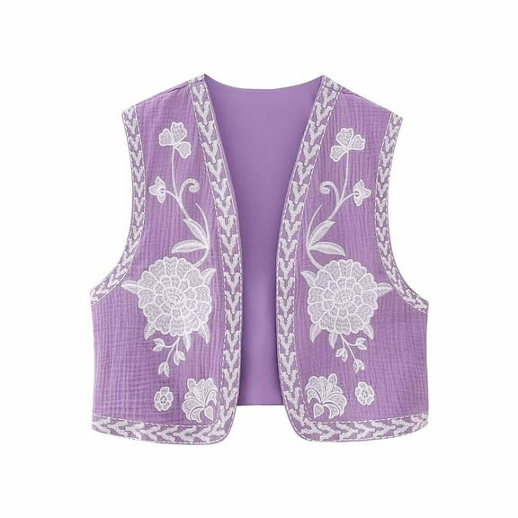 ZZwxWA Women Vintage Embroidered Vest Tops Linen Cropped Sleeveless Floral Cardigans Fashion Vests Sleeveless Band Collar Womens Coats 2023 Floral Print Jacket On Sale