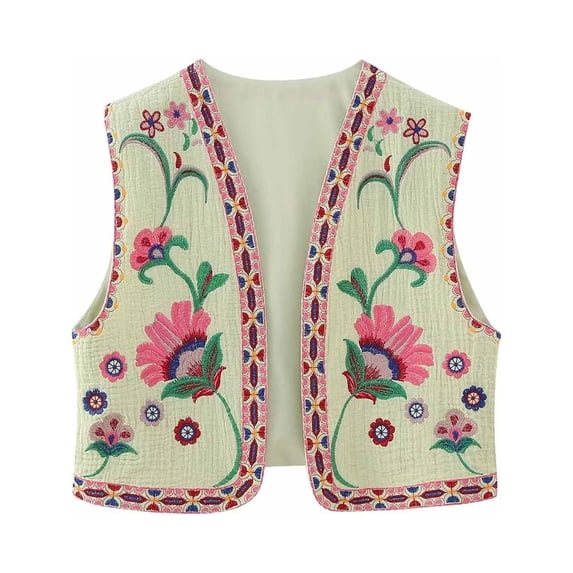 ZZwxWA Womens Floral Embroidered Vest Vintage Open Waistcoat Vest Jacket Casual Vacation Crop Top